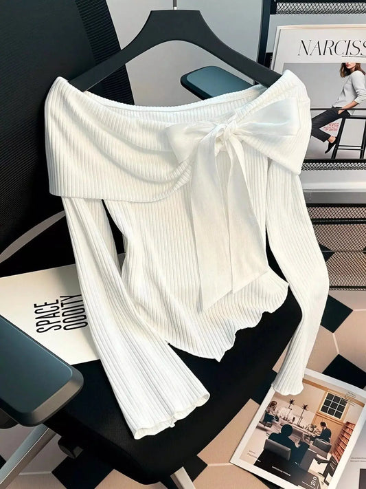 Off-Shoulder Bowknot Ribbed Knit T-Shirt Simply Love