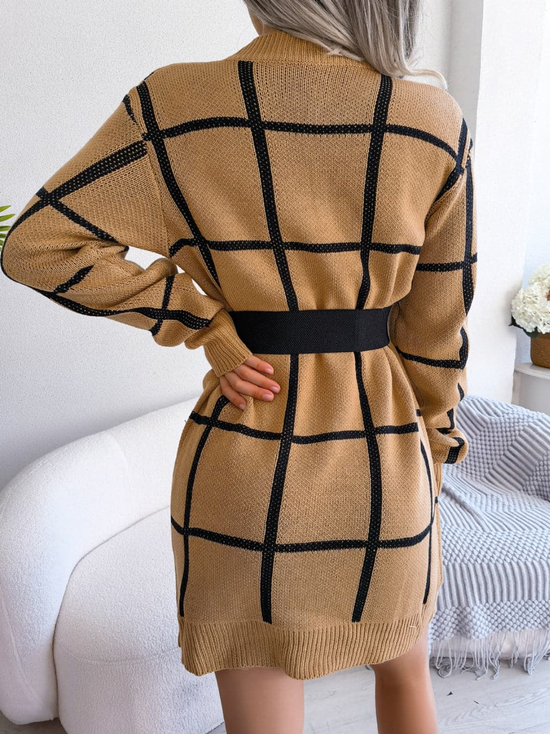 Plaid Round Neck Dropped Shoulder Sweater Dress.