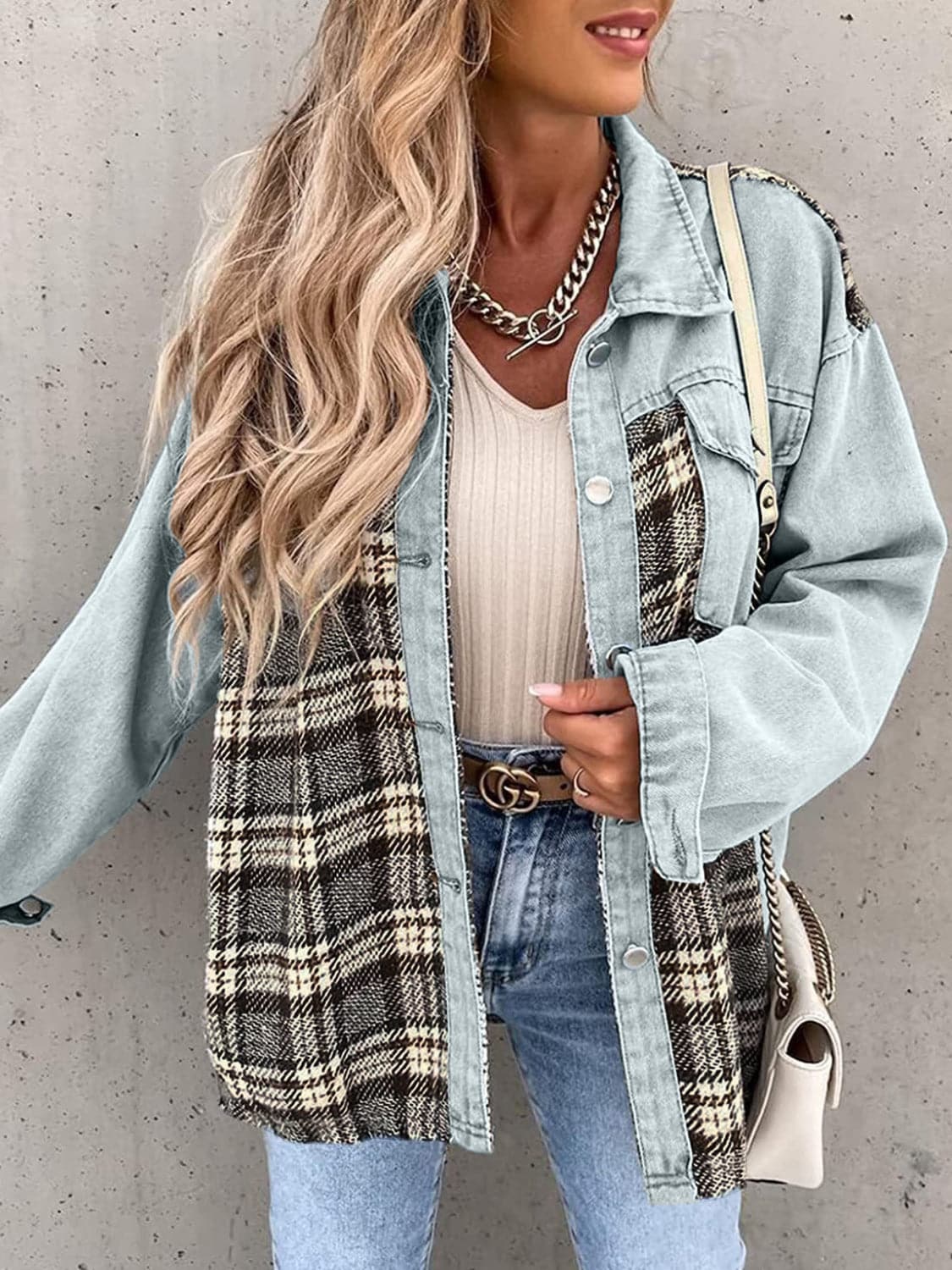 Plaid Button Up Dropped Shoulder Jacket.