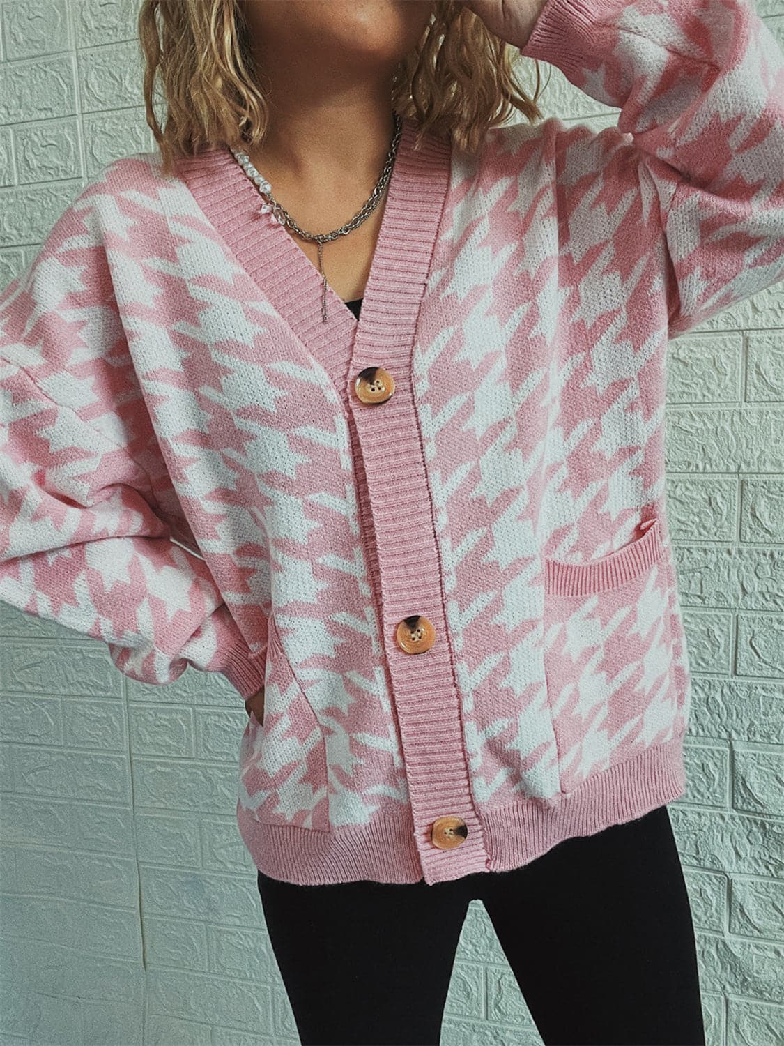 Houndstooth Botton Front  Cardigan with Pockets.