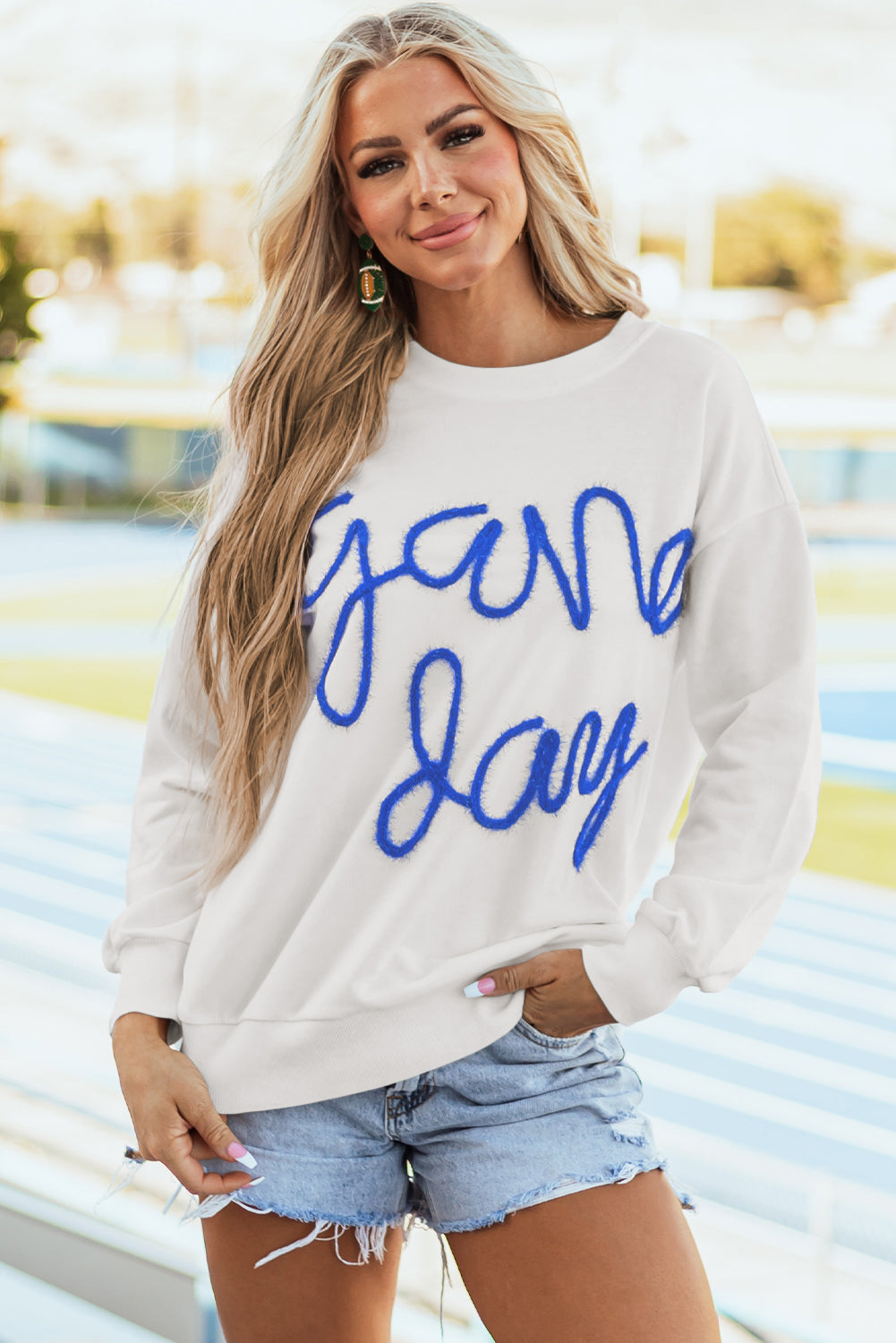 Gameday vibes white tinsel sweatshirt