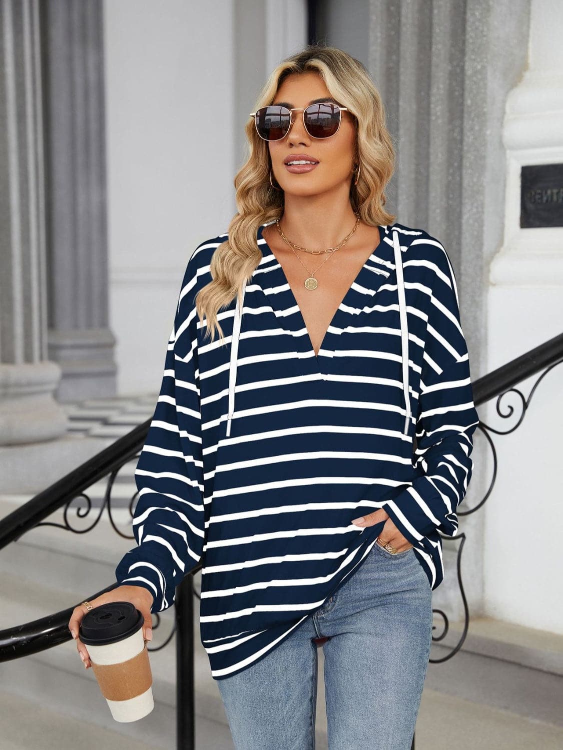 Drawstring Striped Long Sleeve Hoodie.