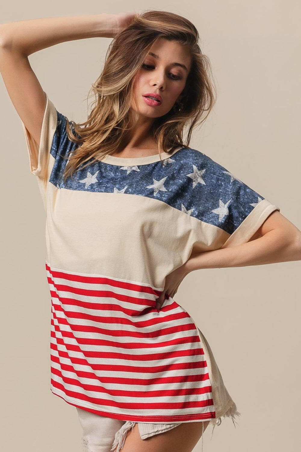 BiBi American Flag Theme Short Sleeve T-Shirt, patriotic stars and stripes design, summer fashion.