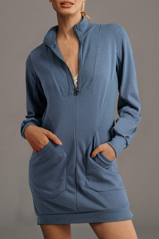 Ivy Zip Up Collared Ribbed Patchwork Sweatshirt Dress With Pockets Dear-Lover Dropshipping