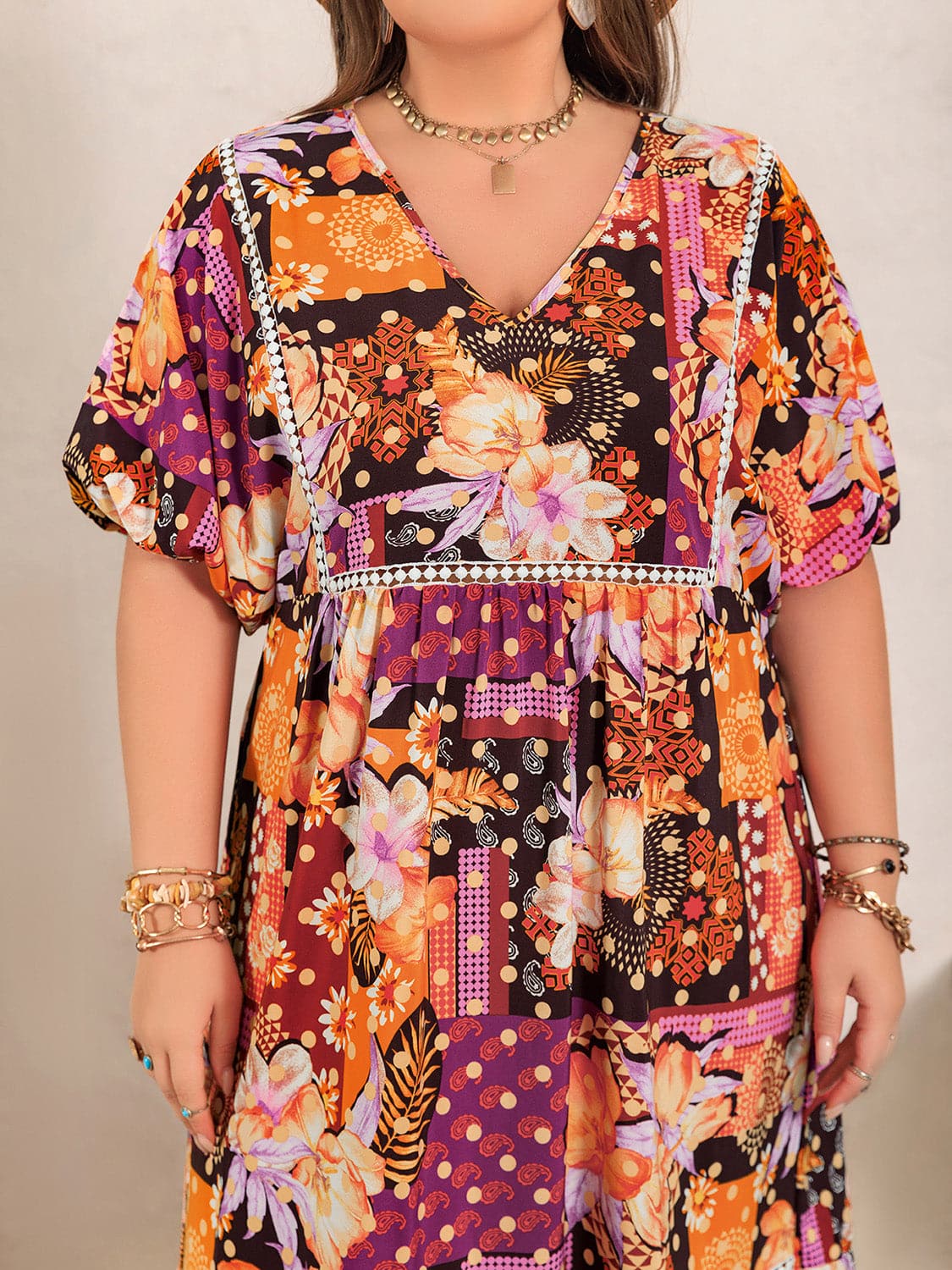 Plus Size Printed V-Neck Half Sleeve Maxi Dress.