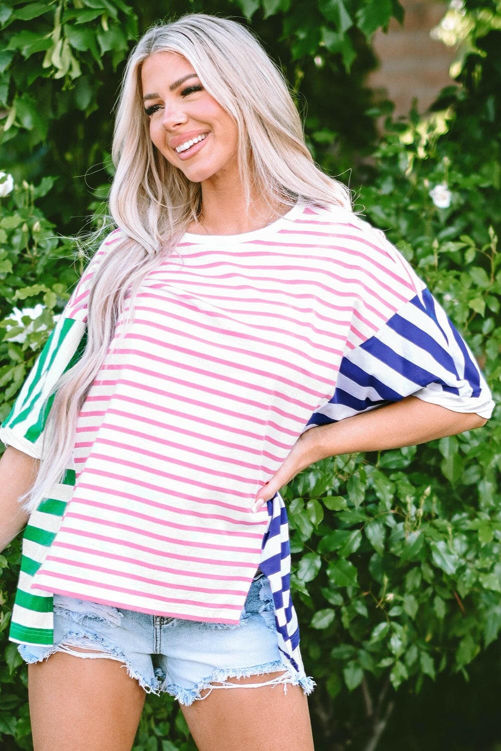 Striped Round Neck Dropped Shoulder T-Shirt.