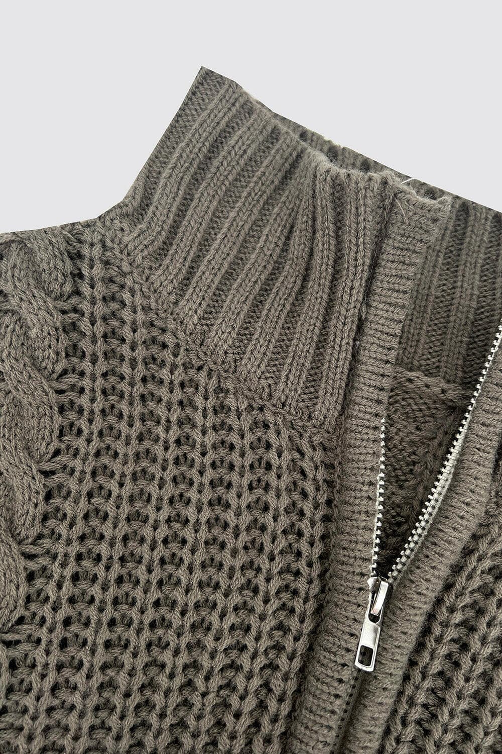 Cable-Knit Striped Quarter Zip Turtleneck Sweater.