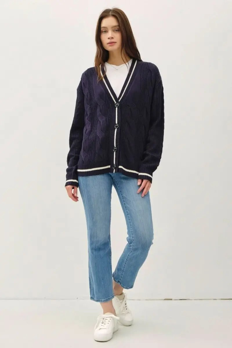 Be Cool Contrast Trim Cable-Knit V-Neck Cardigan - Love Salve 