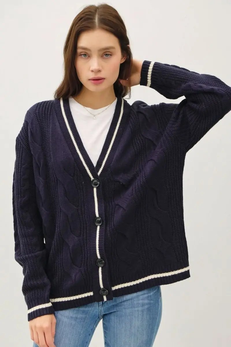 Be Cool Contrast Trim Cable-Knit V-Neck Cardigan - Love Salve 