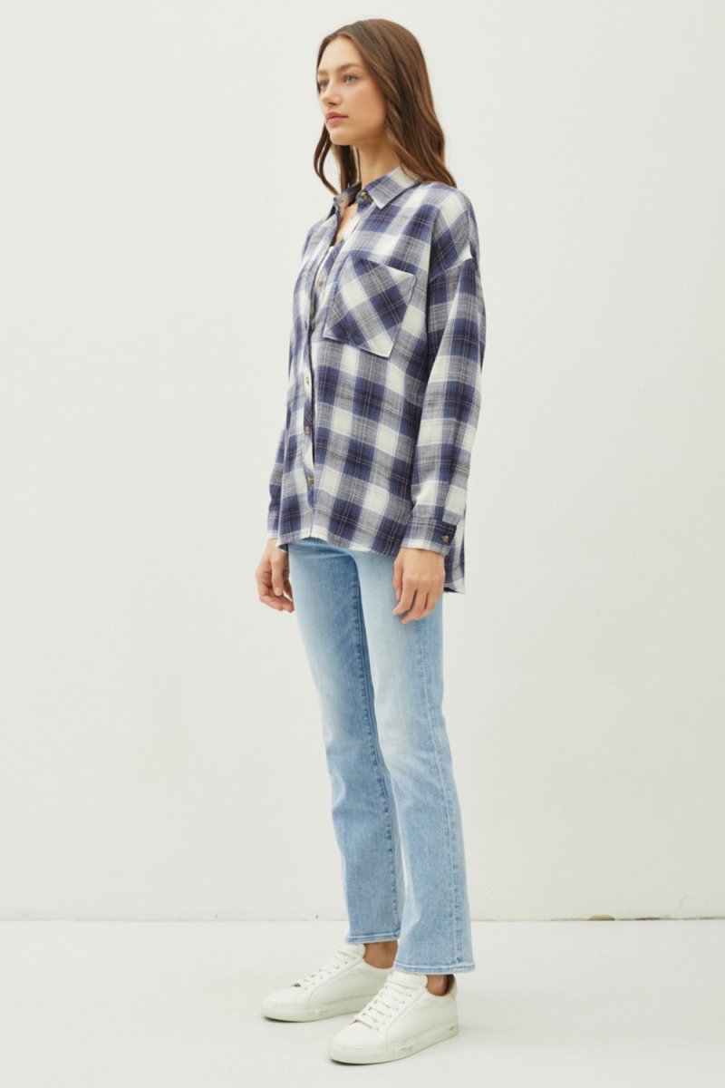 Be Cool Plaid Flannel Button Down Shirt with Chest Pocket - Love Salve 