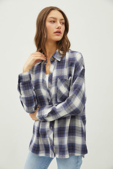 Be Cool Plaid Flannel Button Down Shirt with Chest Pocket - Love Salve 