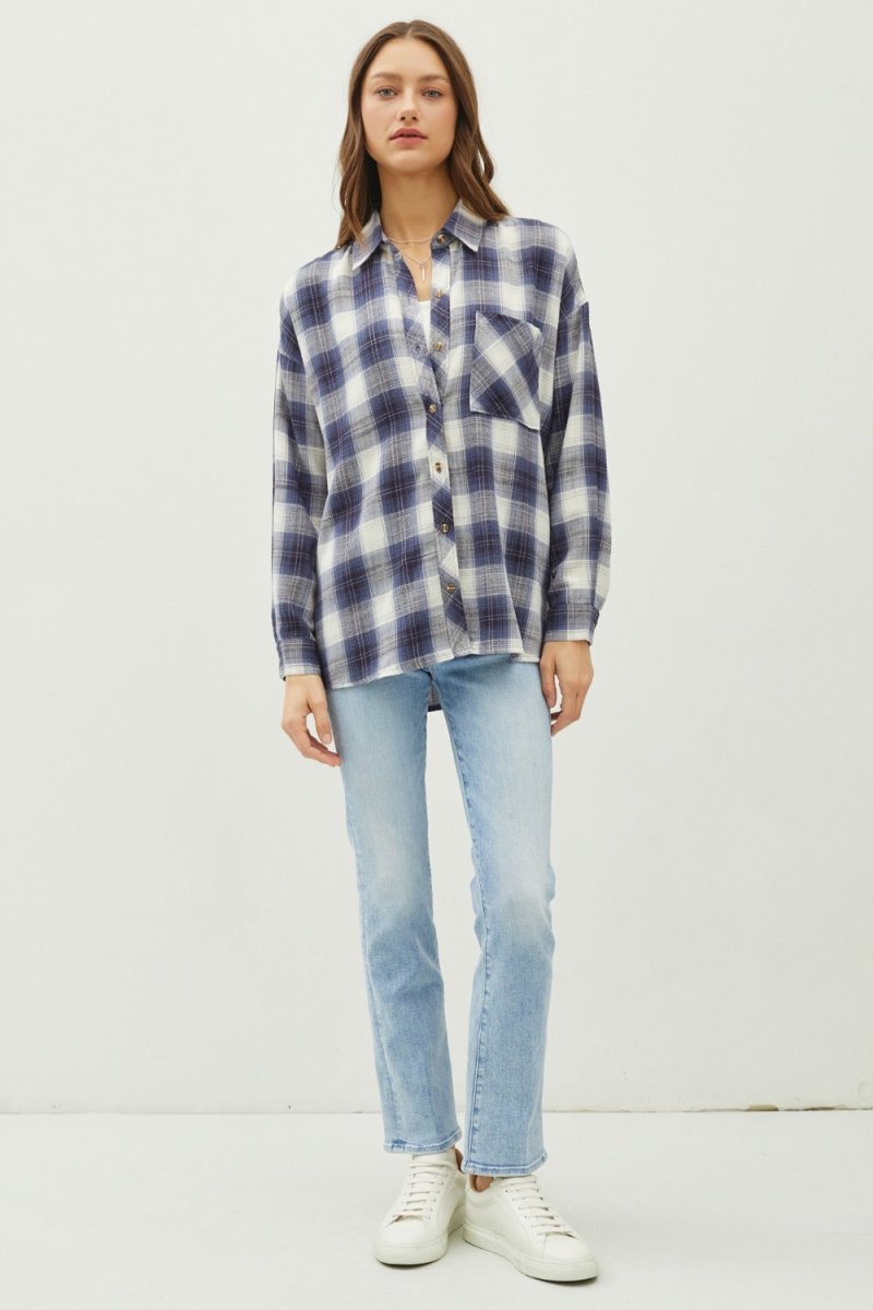 Be Cool Plaid Flannel Button Down Shirt with Chest Pocket - Love Salve 