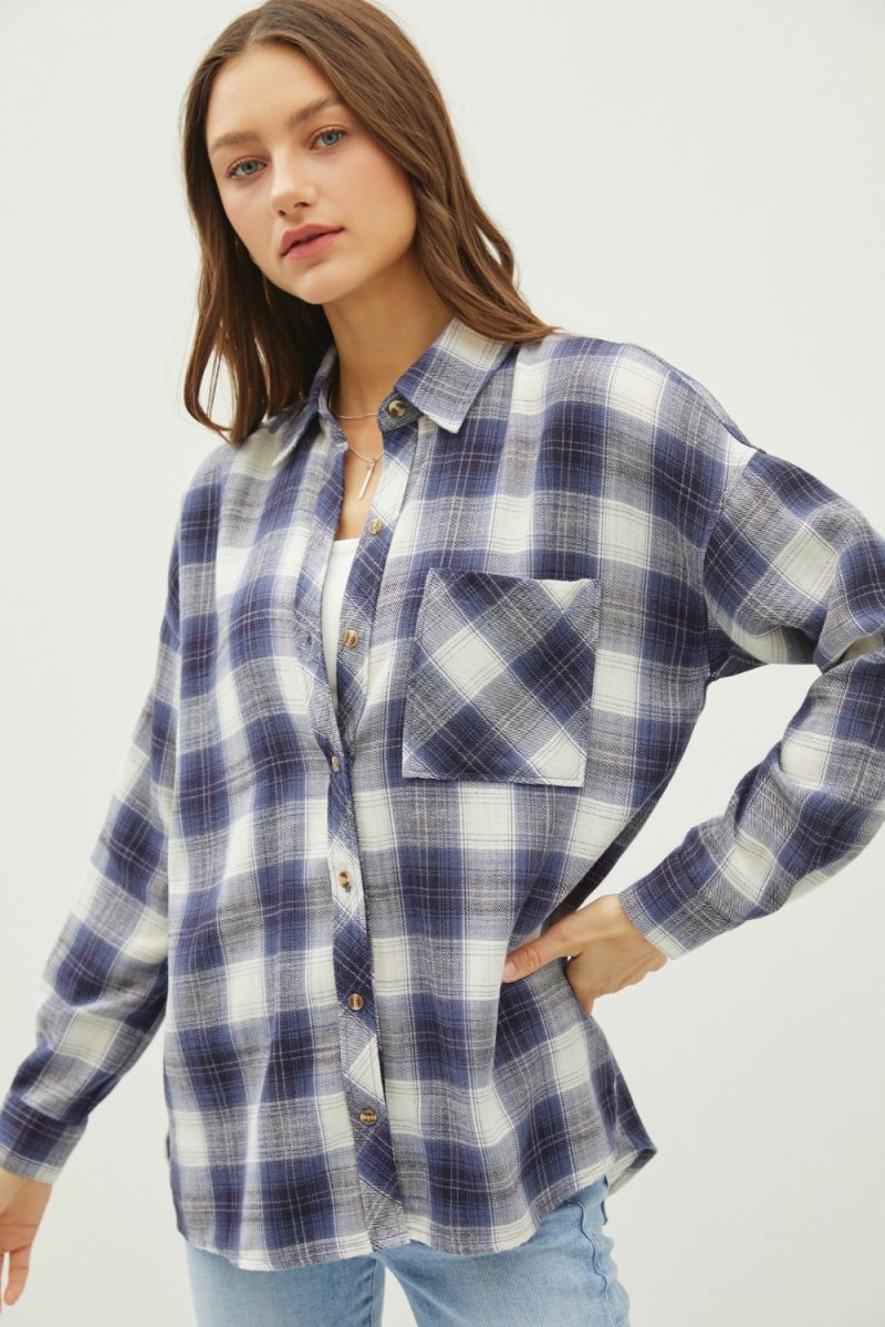 Be Cool Plaid Flannel Button Down Shirt with Chest Pocket - Love Salve 