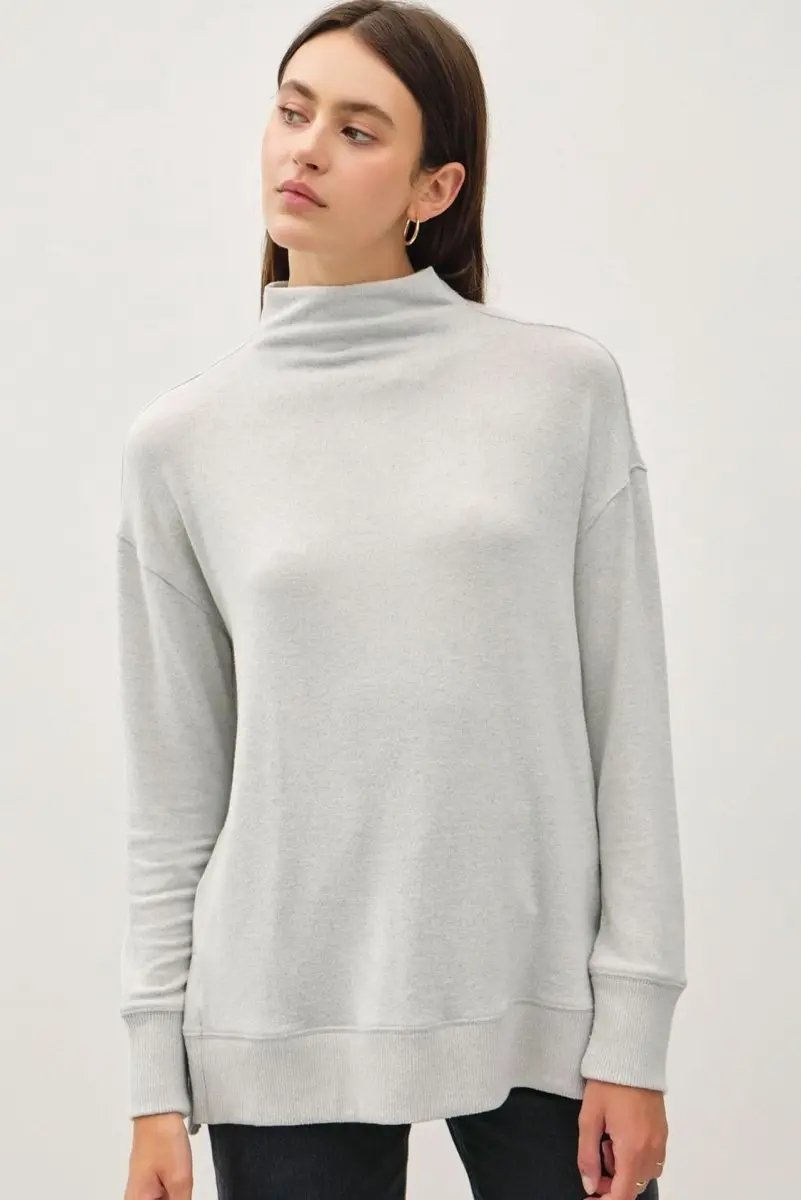 Be Cool Side Slit Mock Neck Long Sleeve Tunic Top - Love Salve 
