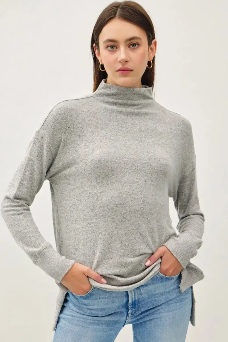 Be Cool Side Slit Mock Neck Long Sleeve Tunic Top for Women - Love Salve 