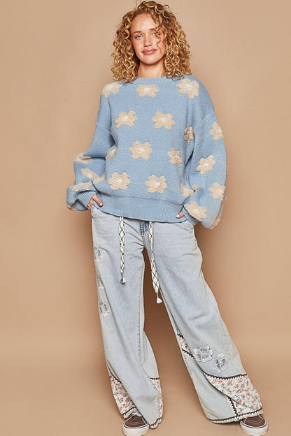 POL Daisy Pattern Drop Shoulder Sweater.