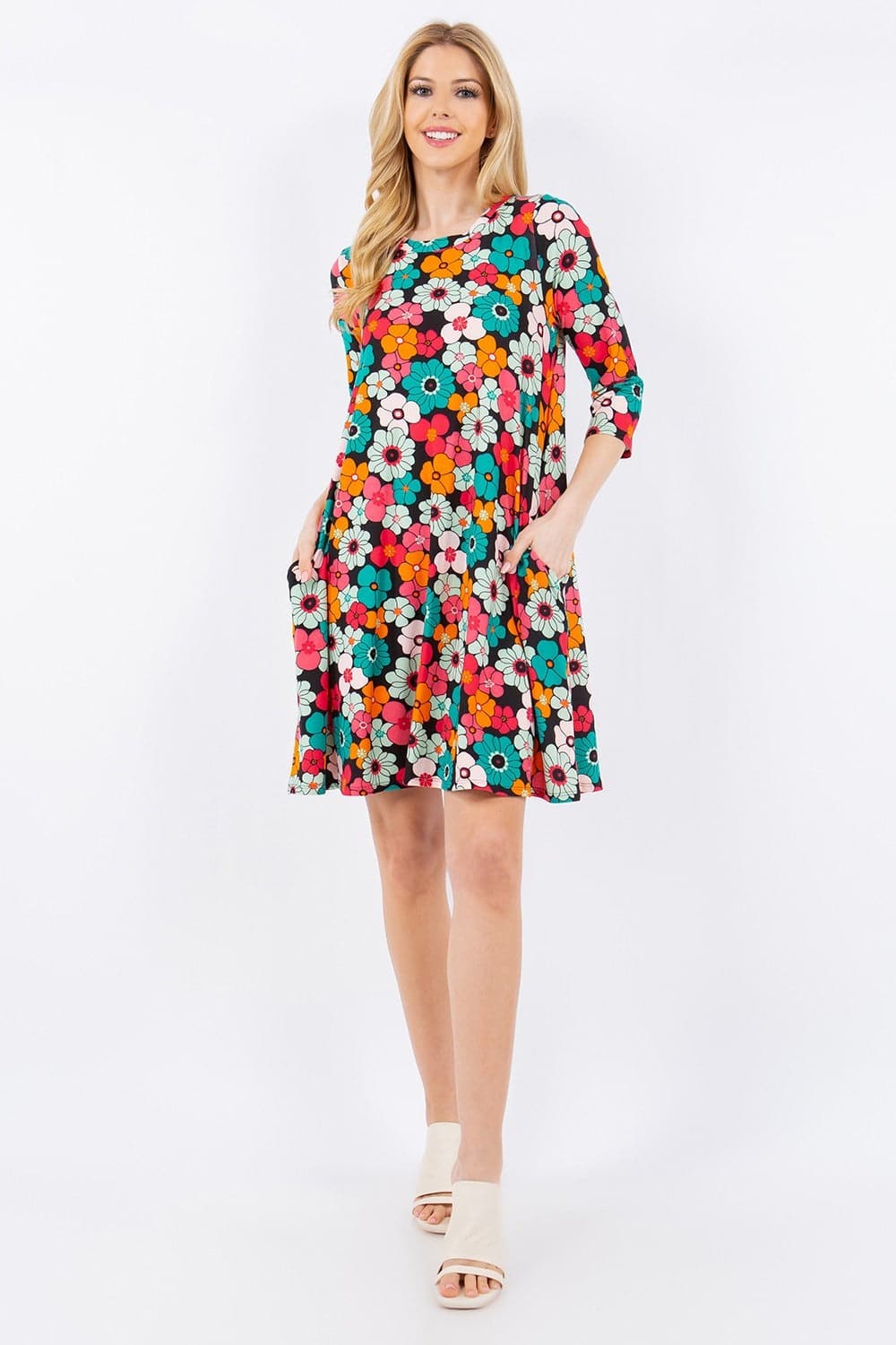 Celeste Full Size Floral Three-Quarter Sleeve Dress with Pockets.