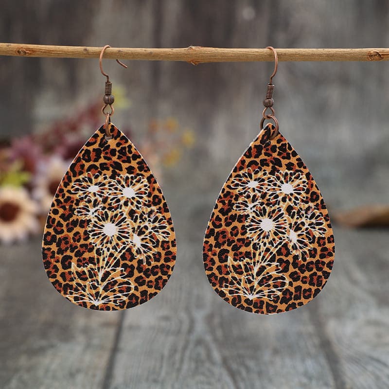 Leopard PU Leather Teardrop Shape Earrings.