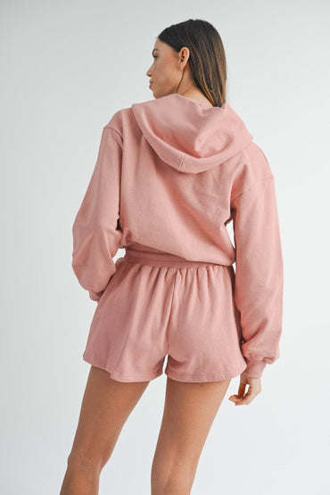 Stylish French terry hooded romper with drawstring waist