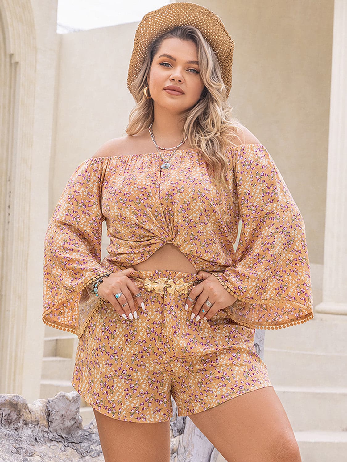 Plus Size Printed Off-Shoulder Top and Shorts Set.