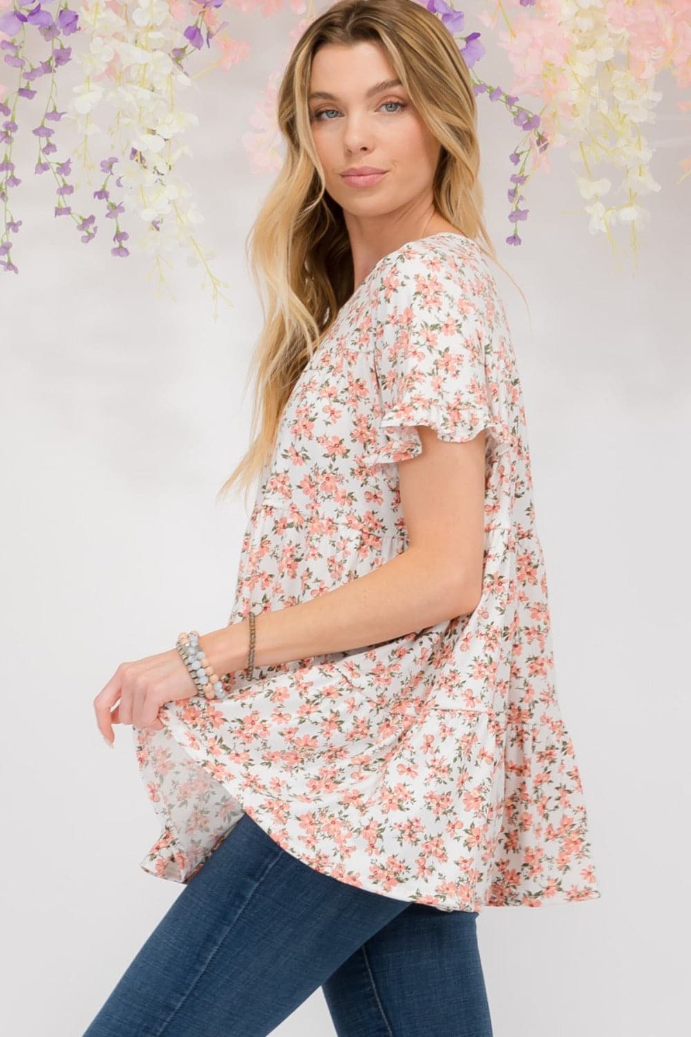 Celeste Full Size Floral Ruffled Short Sleeve Blouse.