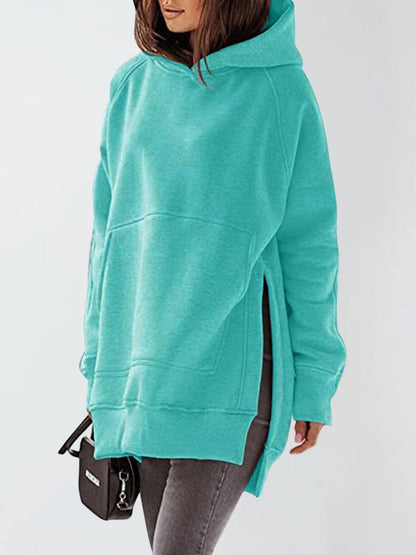 Slit Pocketed Raglan Sleeve Hoodie.