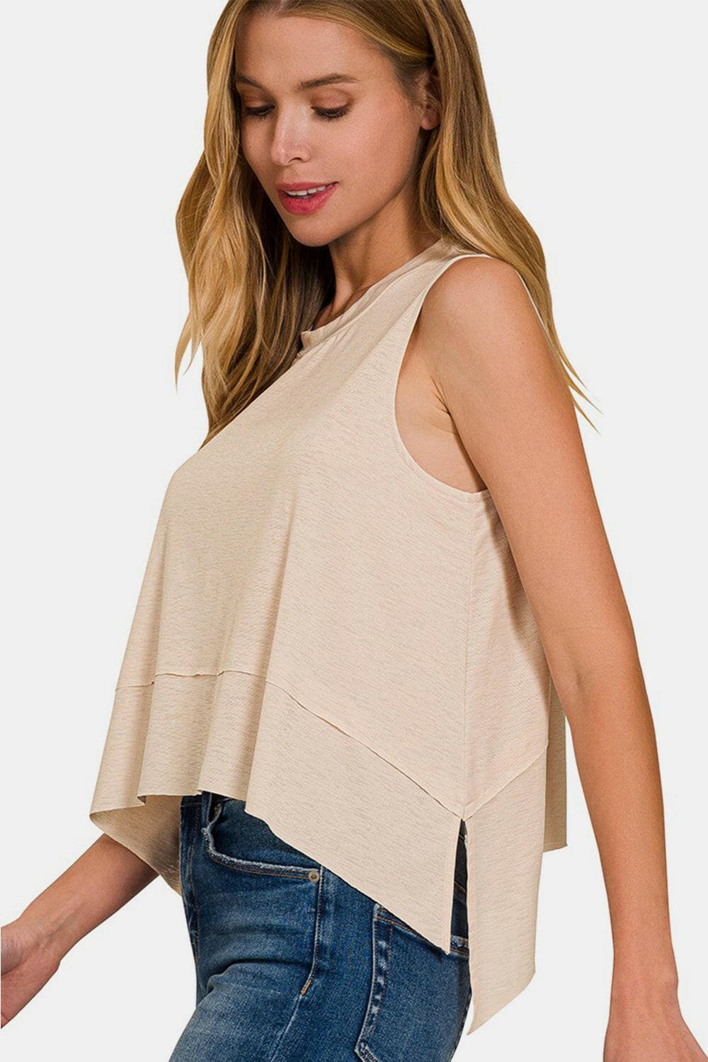 Zenana Exposed Seam Slit Round Neck Tank.