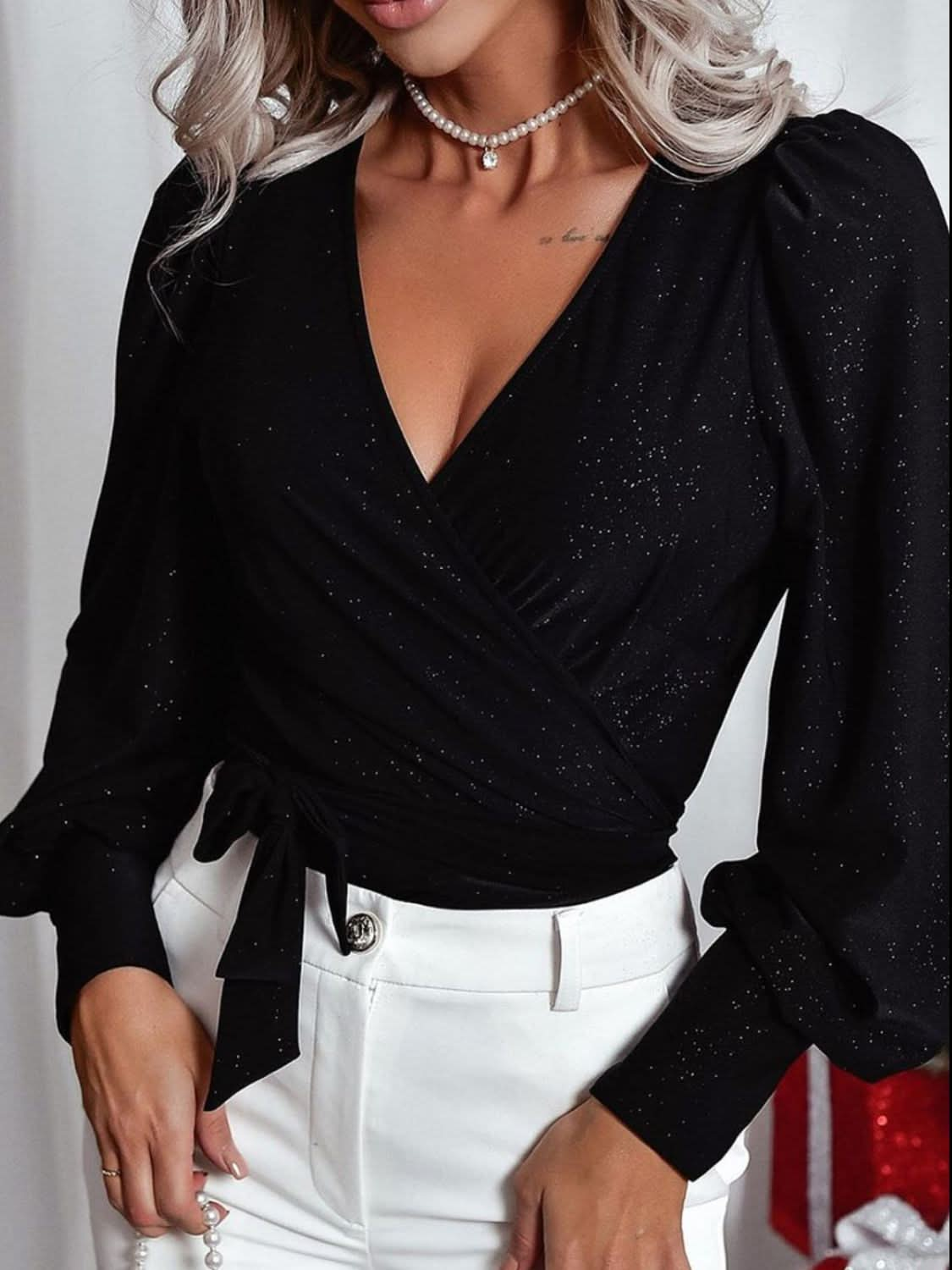 Sparkling Wrap-Style Long Sleeve Top