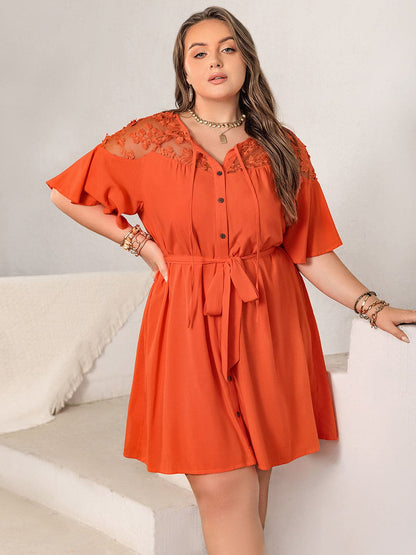 Plus Size Lace Button Up Half Sleeve Dress.