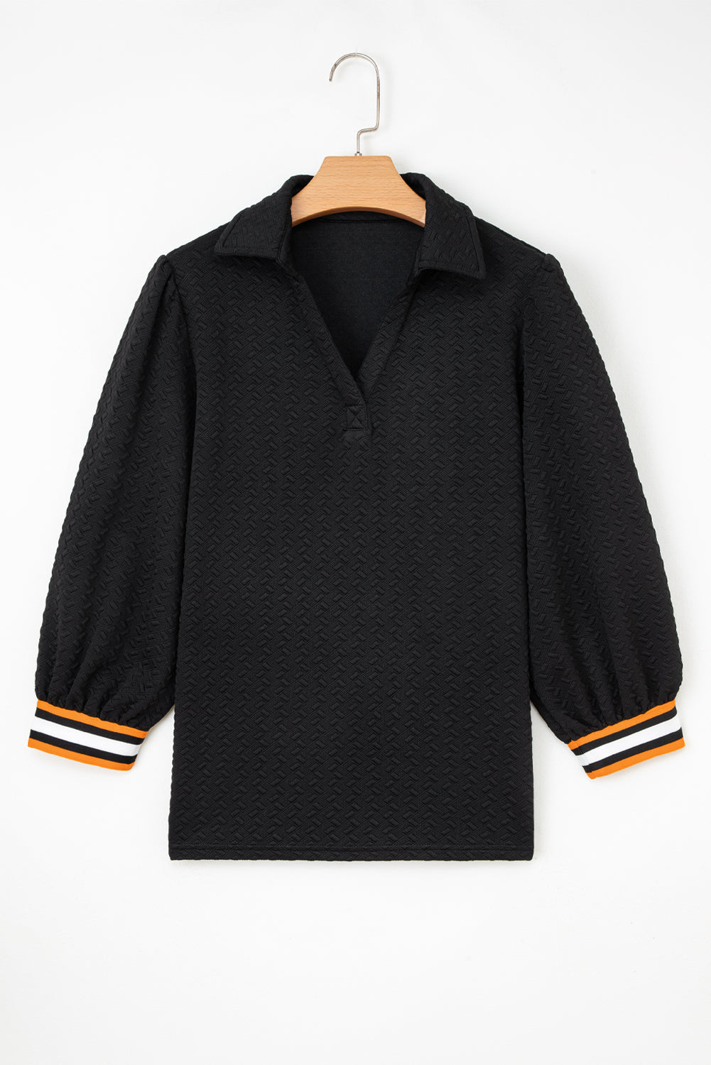 Black Stylish Textured Striped Patchwork Polo Collar Pullover Sweatshirt For Casual Everyday Wear Dear-Lover Dropshipping