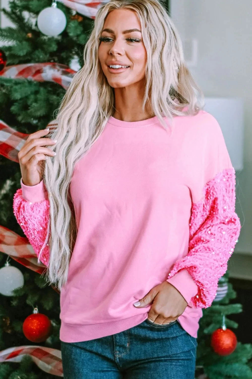 Sequin Round Neck Dropped Shoulder Sweatshirt Coco’s Tee Boutique