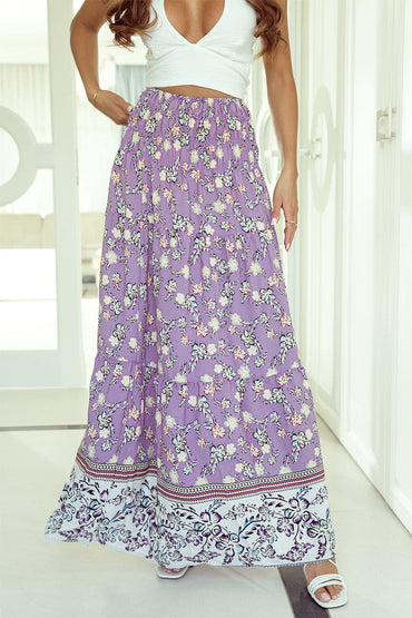 Tiered Printed Elastic Waist Skirt.