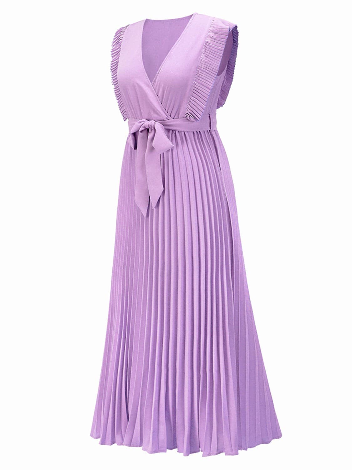 Tied Surplice Cap Sleeve Pleated Dress.