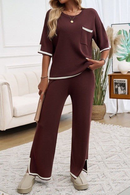 Chic contrast trim two-piece set with half sleeves and pockets