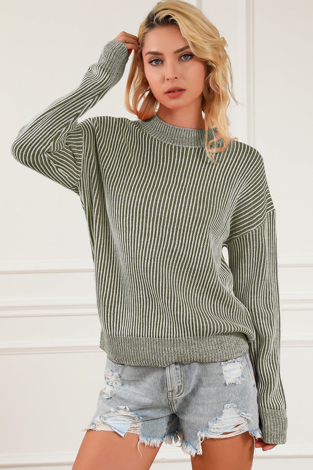 Striped Mock Neck Dropped Shoulder Sweater.