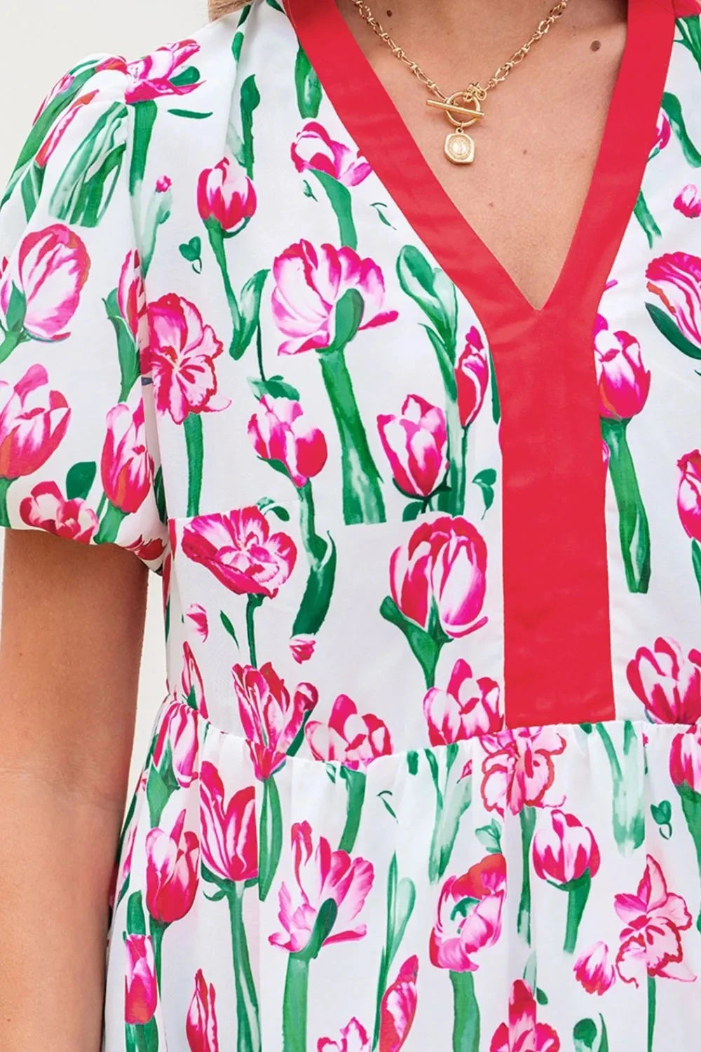 Floral Print Contrast Trim V Neck Bubble Short Sleeve Babydoll Dress Simply Love