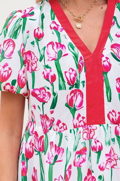 Floral Print Contrast Trim V Neck Bubble Short Sleeve Babydoll Dress