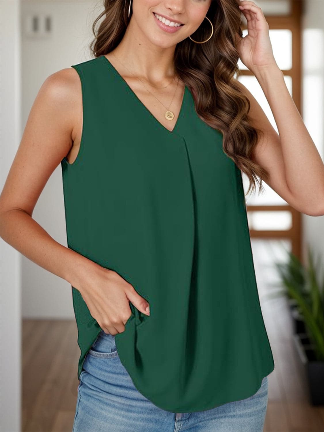 Full Size Ruched V-Neck Tank.