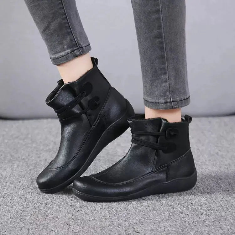Women Button Detail Ankle Boots PU Leather Flat Heel Rubber Sole Simply Love