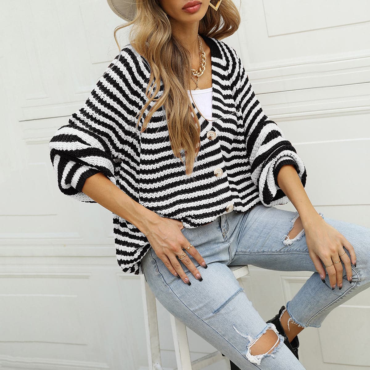 Striped Button Down Long Sleeve Cardigan.