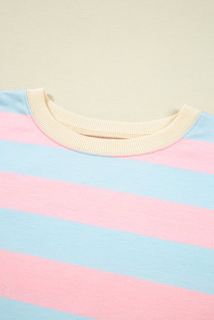 Sky Blue Stripe Drop Shoulder Crewneck Plus Size Sweatshirt
