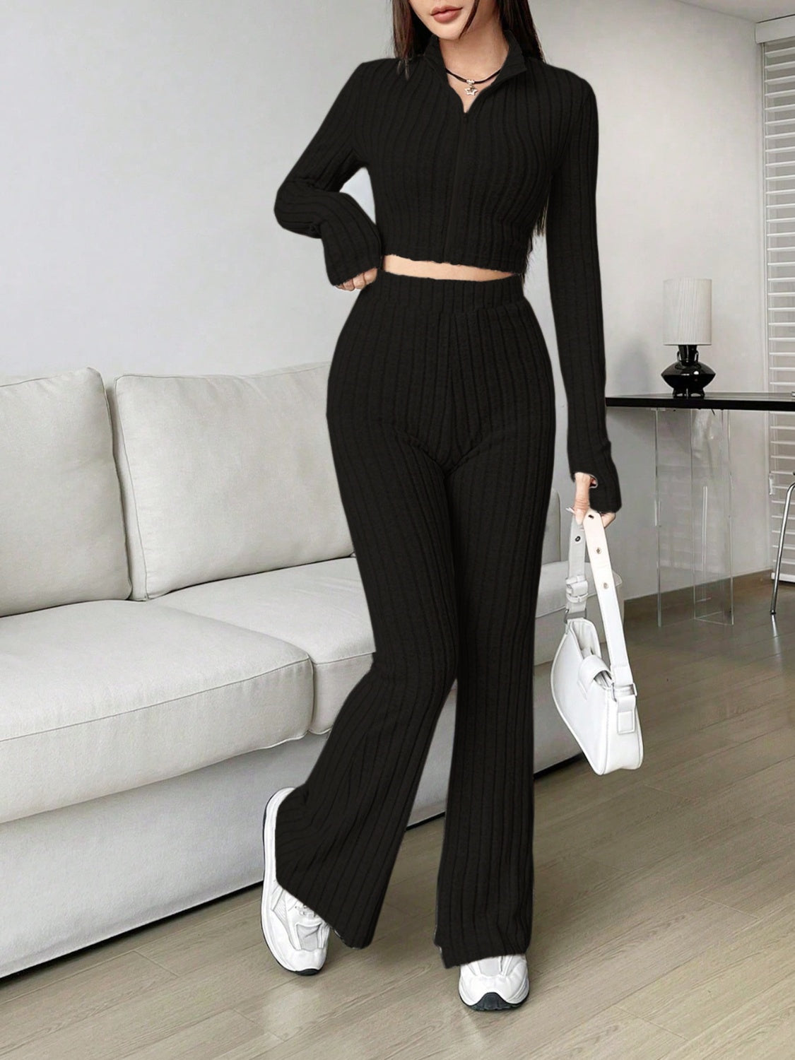 Zip Up Long Sleeve Top and Pants SetFeatures: Basic style
Number of pieces: Two-piece
Stretch: Slightly stretchy
Material composition: 95% polyester, 5% elastane
Care instructions: Machine wash cold. TLove Salve Long Sleeve TopTwo-Piece Sets