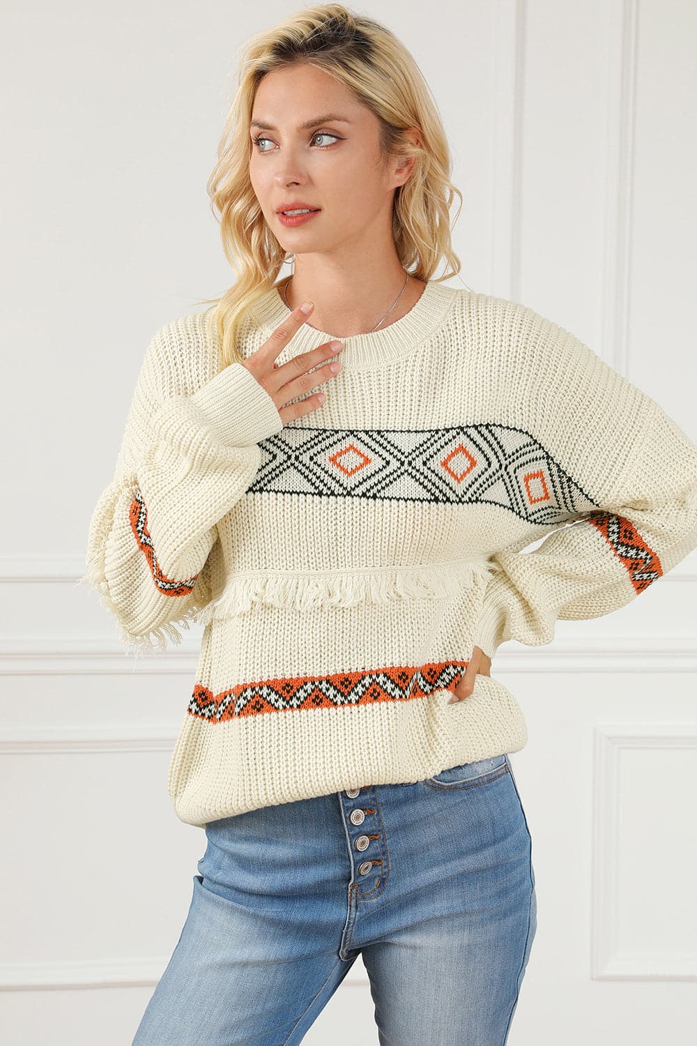 Geometric Round Neck Fringe Detail Sweater.