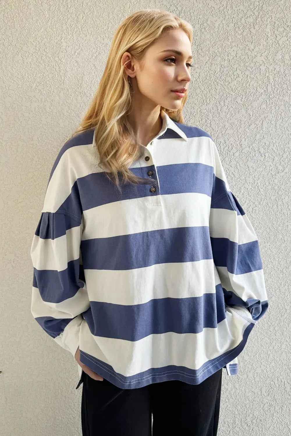 Oh Pima Cotton Wash Wide Striped Collared Neck Long Sleeve Top - Love Salve