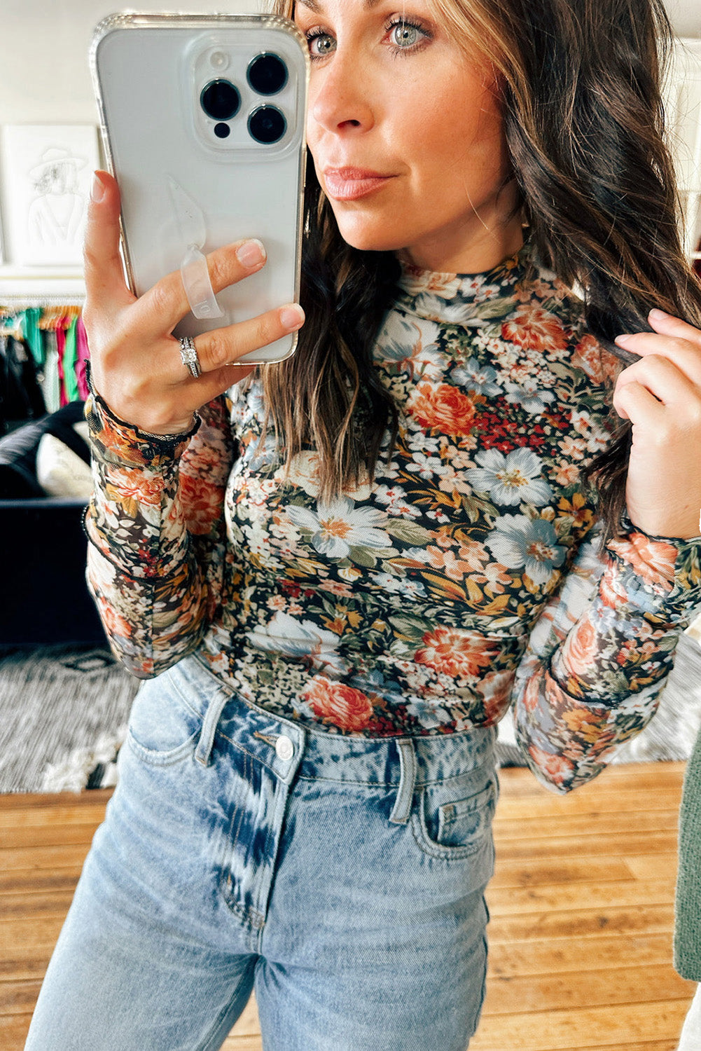 Elegant brown floral mesh blouse with high neck and long sleeves