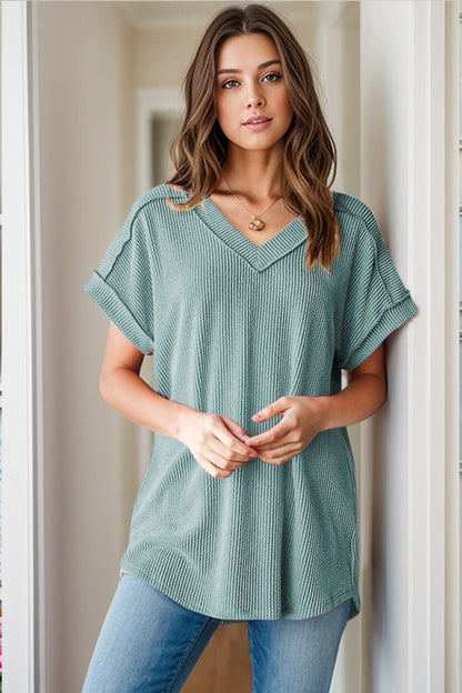 Textured V-Neck Short Sleeve Top.