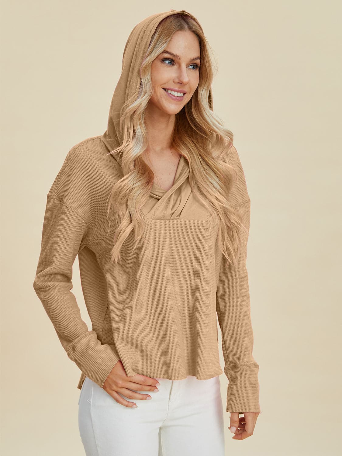 Double Take Full Size High-Low Dropped Shoulder Long Sleeve Hoodie.