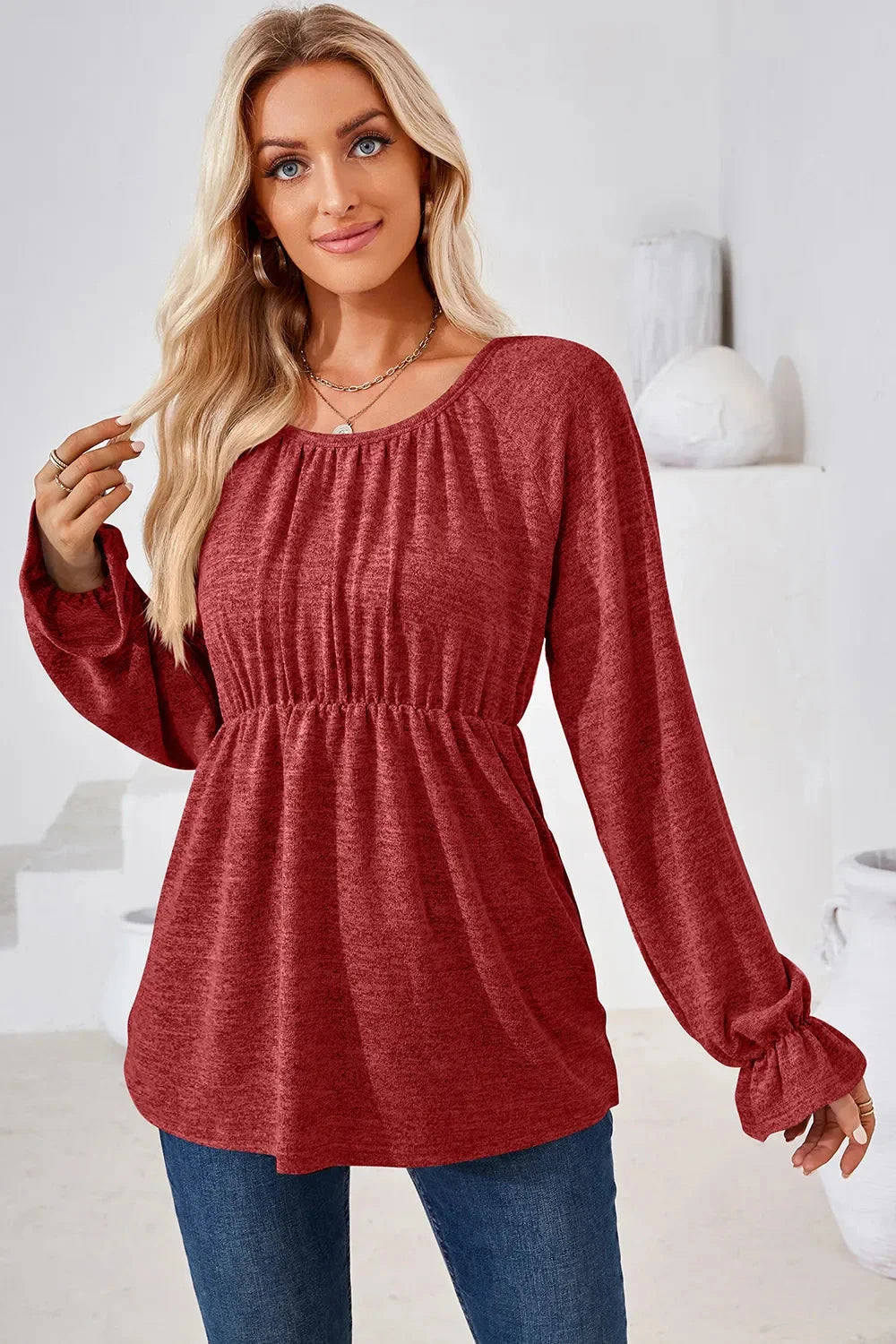 Ruched Round Neck Flounce Sleeve Blouse Coco’s Tee Boutique