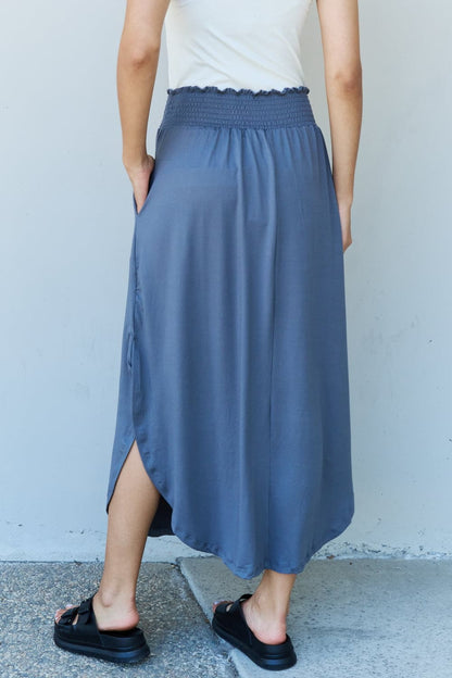 Doublju Comfort Princess Full Size High Waist Scoop Hem Maxi Skirt in Dusty Blue.