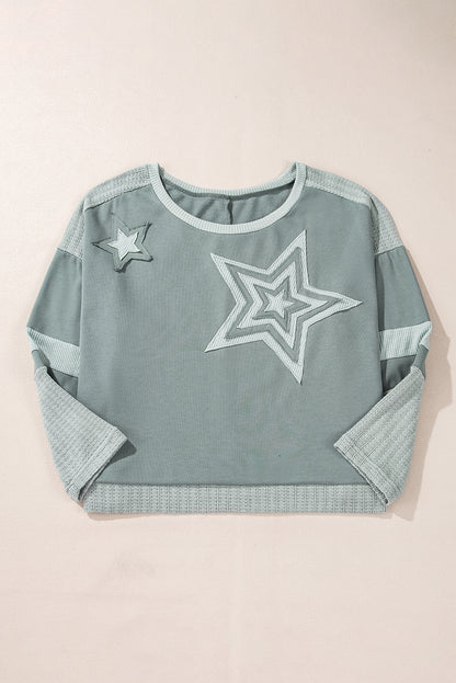 Mist green starry patchwork plus size t-shirt with round neckline